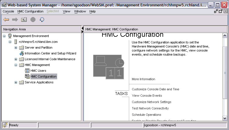 Main menu of WebSM with HMC Configuration selected.