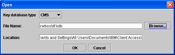 IBM key management utility dialog box requesting file name and location of key file.