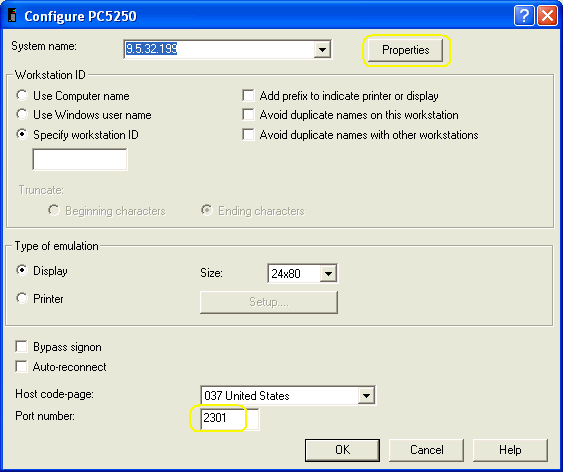 Configuration dialog box for a PC5250 connection.