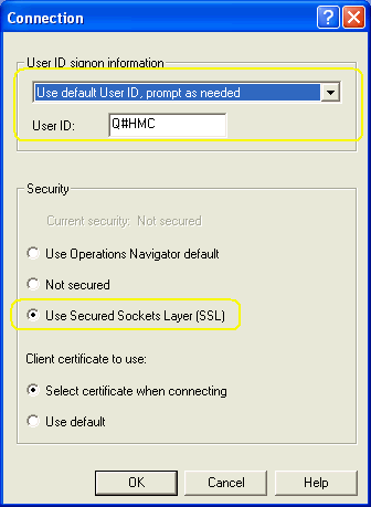 Dialog box of the properties of the PC5250 connection definition.
