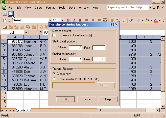 This screenshot shows the initial display when implementing  the Excel data transfer to System i add-in. 