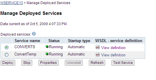 Picture of Manage Deployed Services Page