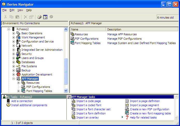 This print screen shows the AFP Manager tasks within iSeries Navigator, which includes options to import a code page, coded font and font character set.