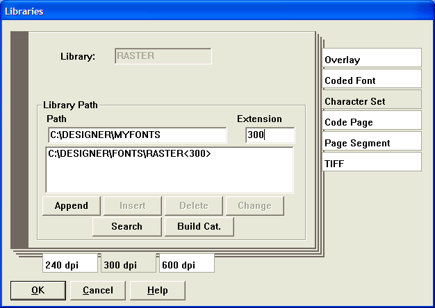 This print screen shows the Libraries dialog box after selecting "Character Set" and "300 dpi".