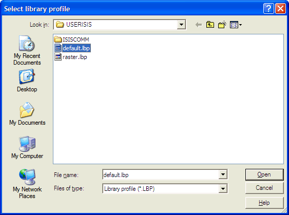 This print screen shows the Select library profile dialog box with the default.lbp file selected.