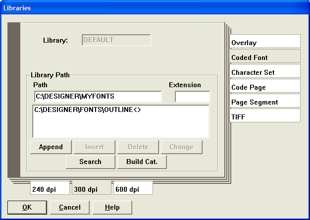 This print screen shows the Libraries dialog box after selecting "Coded Font" and "300 dpi".