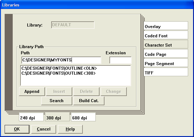 This print screen shows the Libraries dialog box after selecting "Character Set" and "300 dpi".