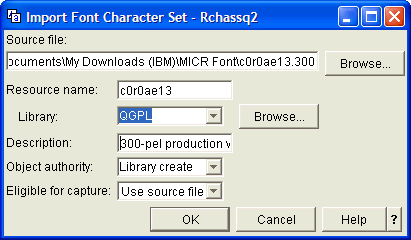 This print screen shows an example of the "Import a font character set" task.