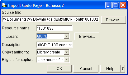 This print screen shows an example of the "Import a code page" task.