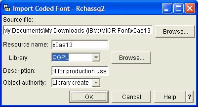 This print screen shows an example of the "Import a coded font" task.