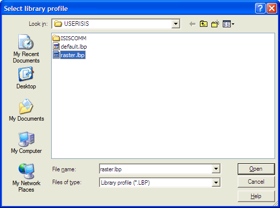 This print screen shows the Select library profile dialog box with the raster.lbp file selected.