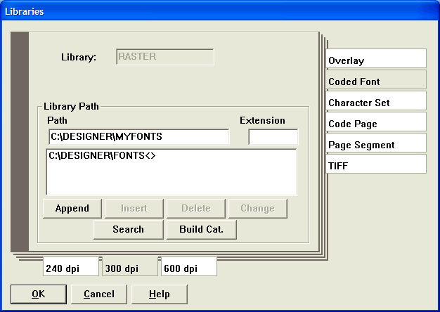 This print screen shows the Libraries dialog box after selecting "Coded Font" and "300 dpi".